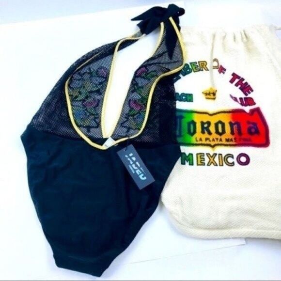 Jaded Bee choker one piece swimsuit high leg black mesh halter floral 16 BoxA - Picture 3 of 5